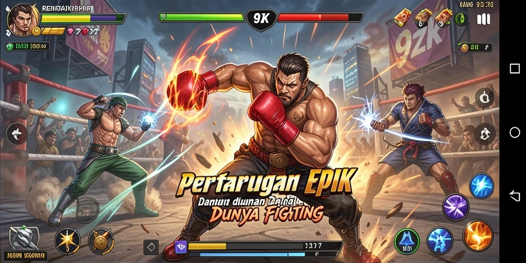 Gameplay intens di 9ZK dengan karakter bertarung.