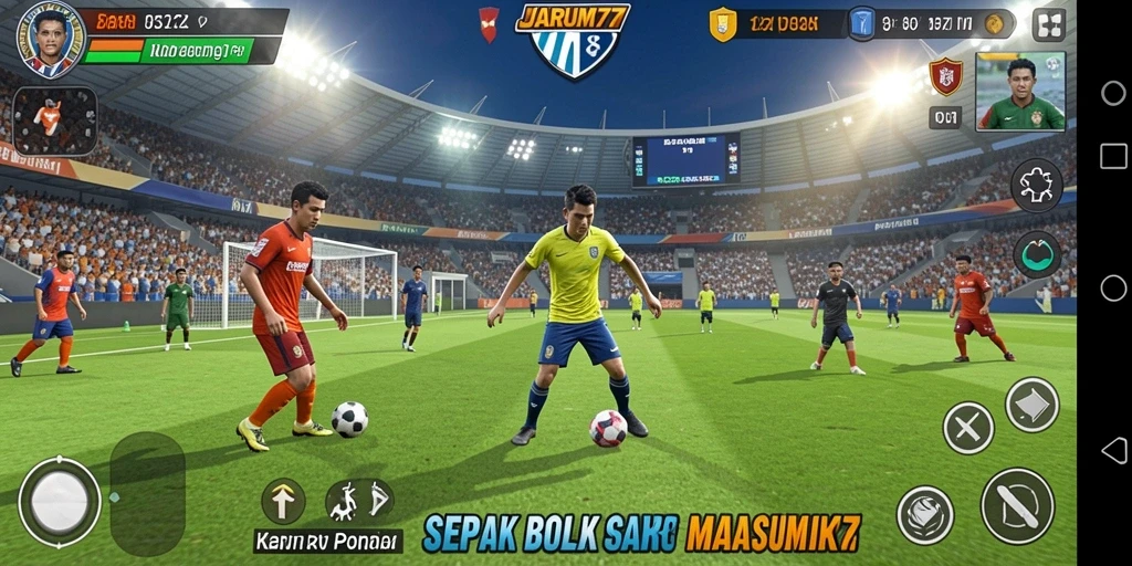 Screenshot gameplay JARUM77 yang penuh aksi di lapangan sepak bola.