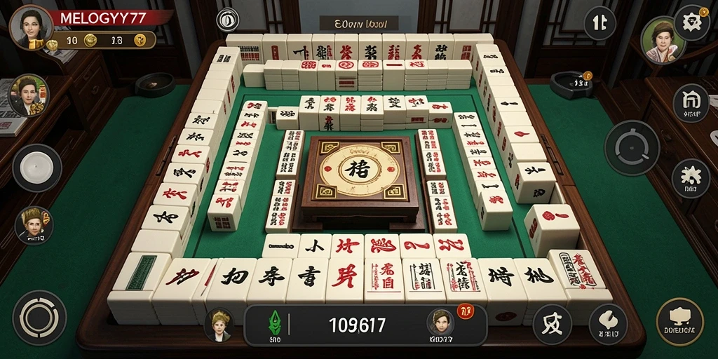 Tangkapan layar gameplay <strong>MELODY77</strong> yang menampilkan suasana permainan Mahjong yang seru.
