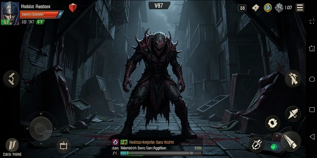 Screenshot gameplay V87 menampilkan kegelapan dan ketegangan yang mencekam.
